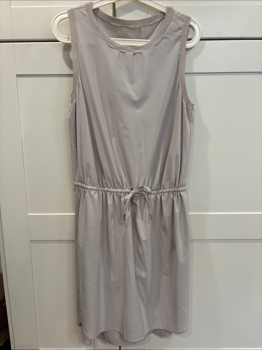 Athleta Sleeveless Drawstring Mini Dress in Light Taupe